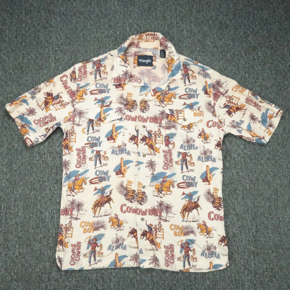 Wrangler Shirt Mens Medium Beige Cowboy Hawaiian Aloha Short Sleeve Pearl Snap